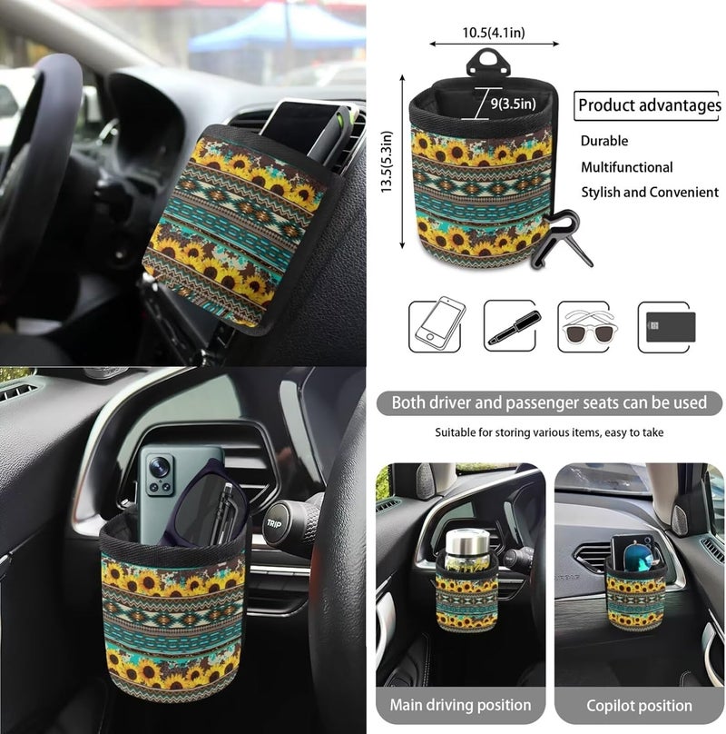 Wanyint Aztec Sunflower Blue Car Seat Cover Set 15 PCS, with Steering Wheel Cover Seat Belt Cushion Pad Garbage Bag Air Vent Pocket Rearview Mirror Cover Coasters Keychain for SUV Trucks Vans Sedans - Image 5
